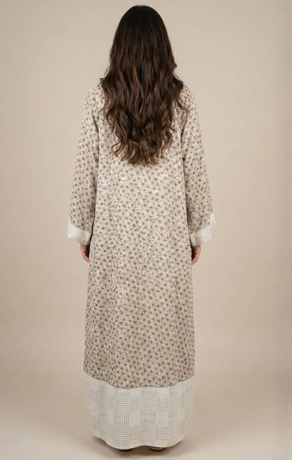 Printed modest abaya set with sheer chiffon outer layer and cotton linen inner dress