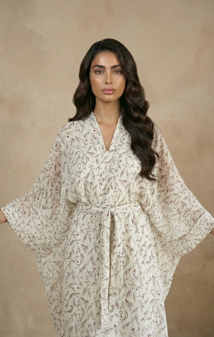 Printed modest abaya set with sheer chiffon outer layer and cotton linen inner dress"
