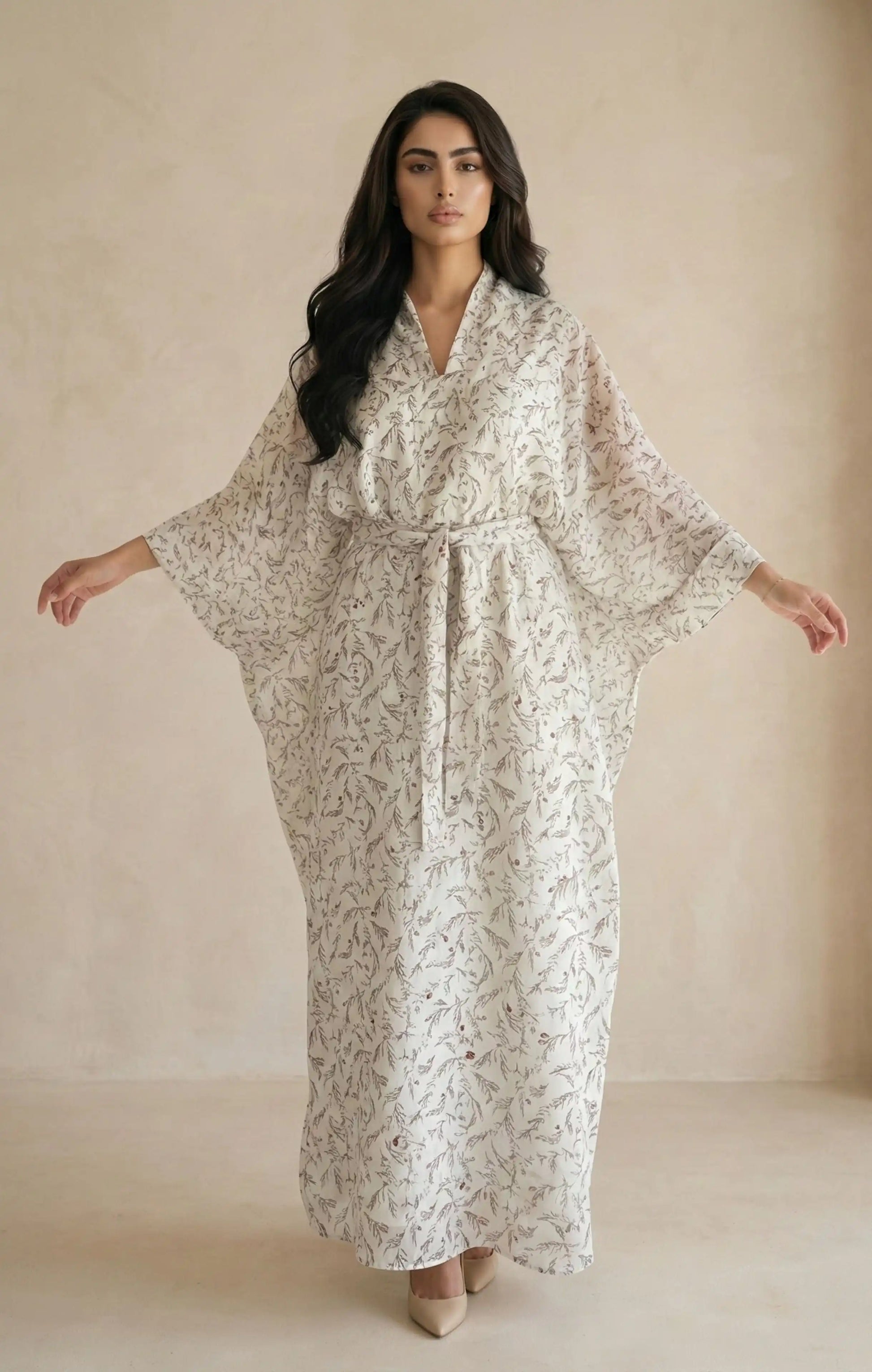 Printed modest abaya set with sheer chiffon outer layer and cotton linen inner dress