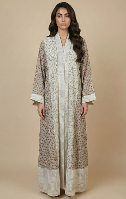 Printed modest abaya set with sheer chiffon outer layer and cotton linen inner dress