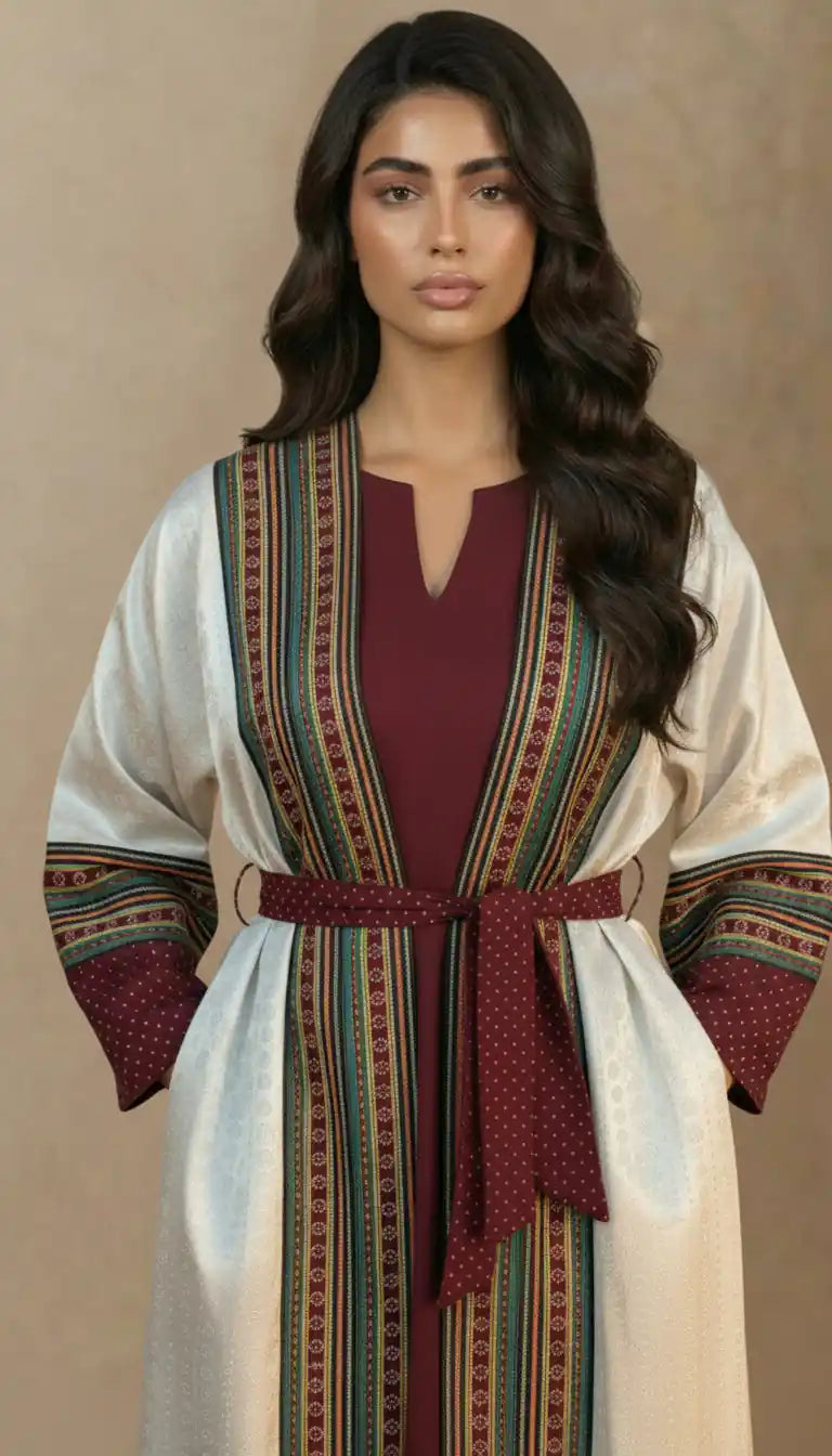 Two-Piece Abaya Set - patterned silk-cotton front, crepe silk back, matching belt