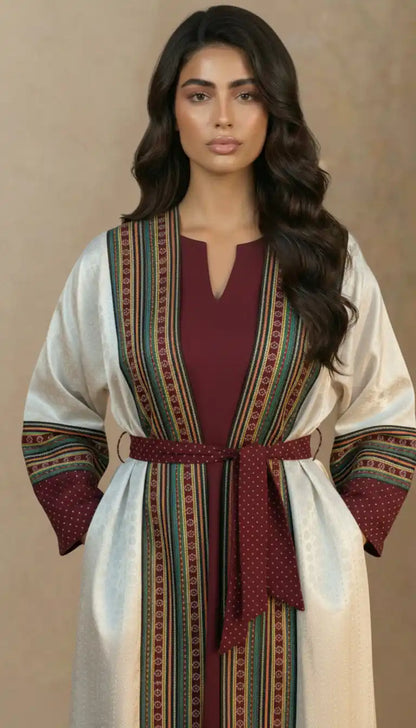 Two-Piece Abaya Set - patterned silk-cotton front, crepe silk back, matching belt