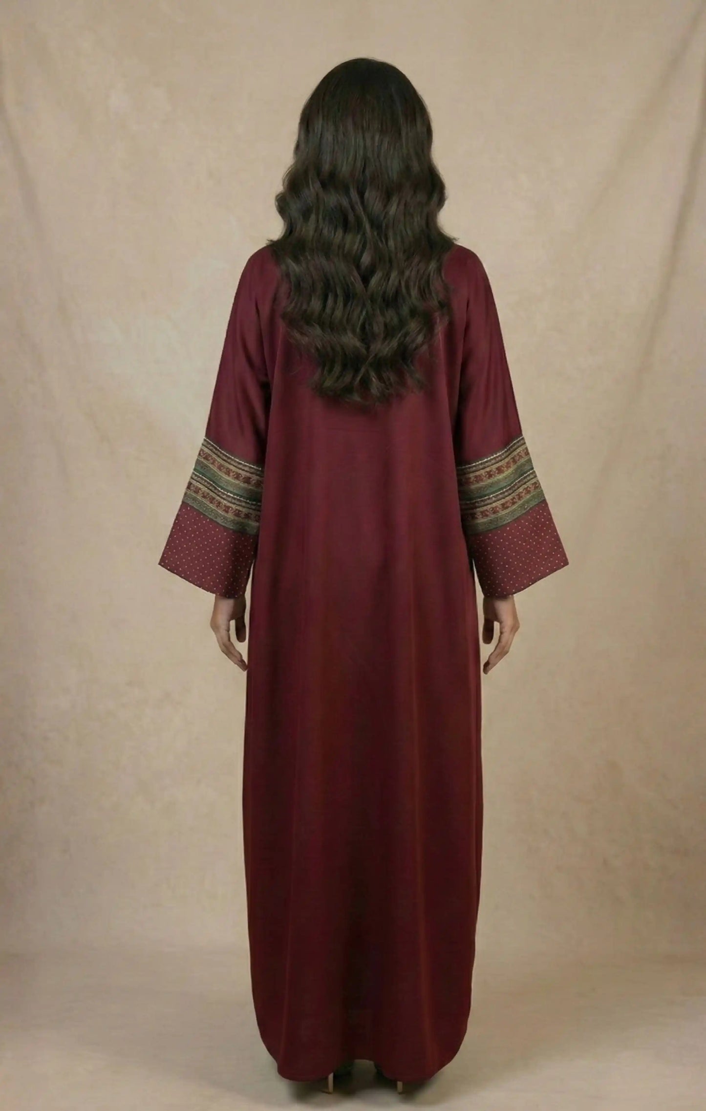 Two-Piece Abaya Set - patterned silk-cotton front, crepe silk back, matching belt