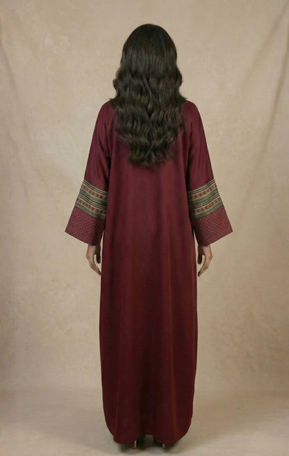 Two-Piece Abaya Set - patterned silk-cotton front, crepe silk back, matching belt