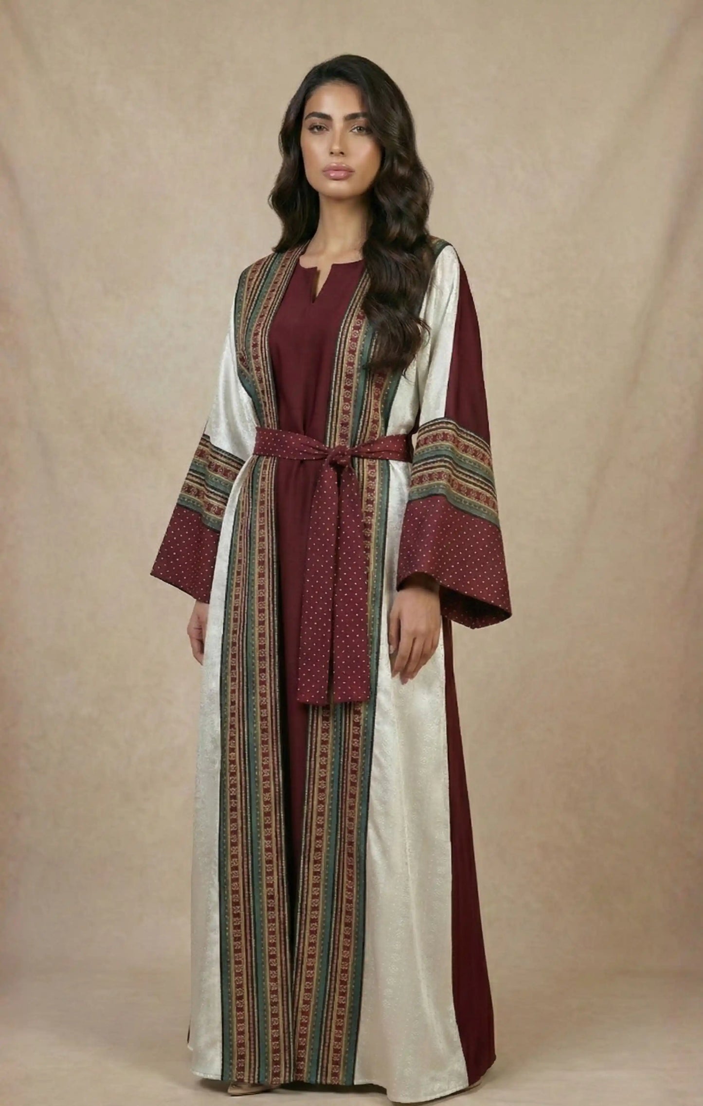 Two-Piece Abaya Set - patterned silk-cotton front, crepe silk back, matching belt