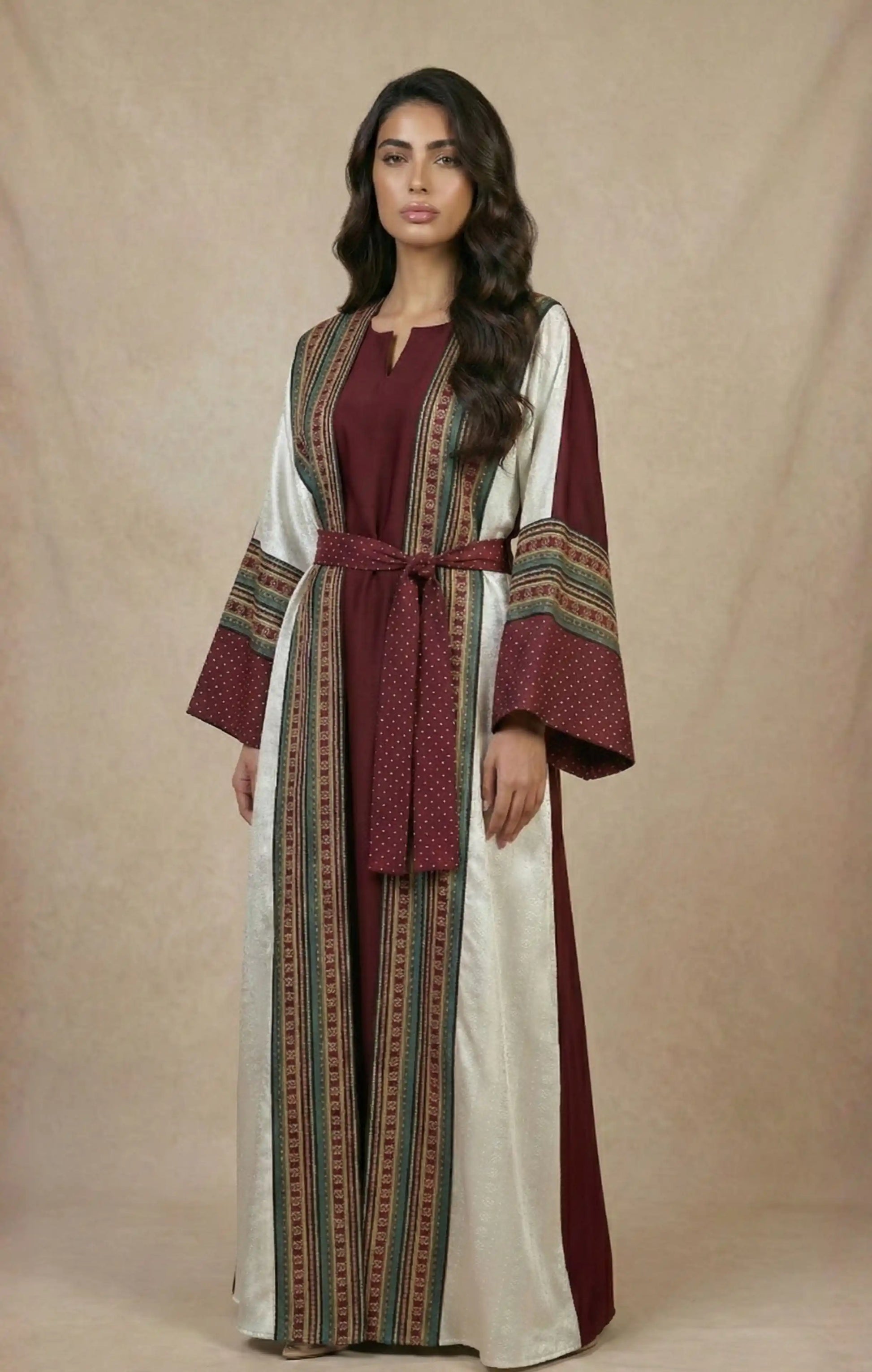 Two-Piece Abaya Set - patterned silk-cotton front, crepe silk back, matching belt