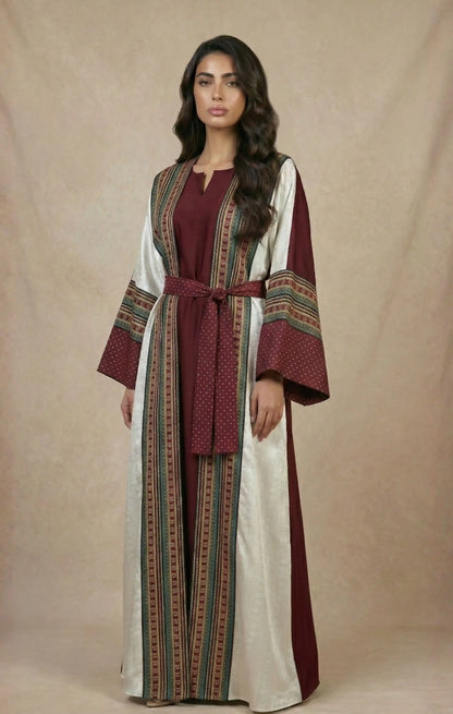 Two-Piece Abaya Set - patterned silk-cotton front, crepe silk back, matching belt