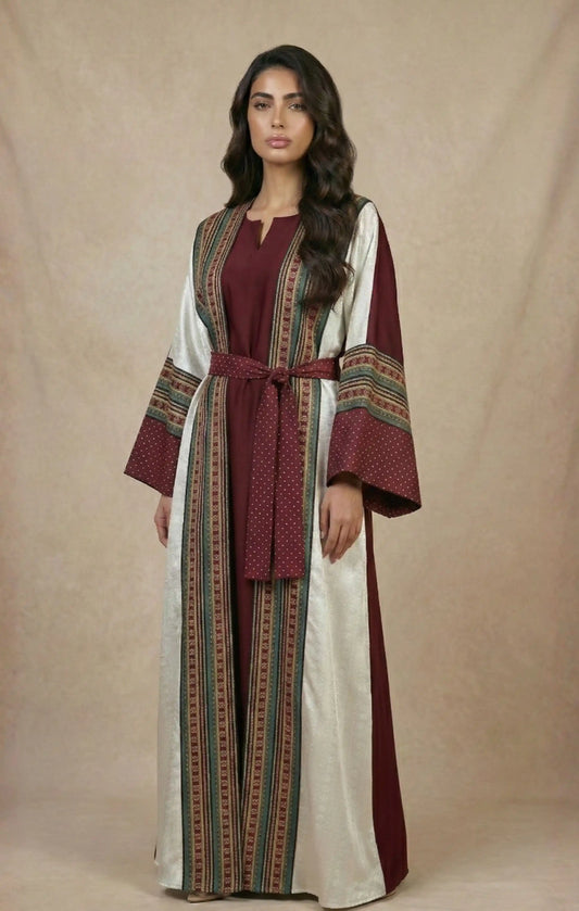 Two-Piece Abaya Set - patterned silk-cotton front, crepe silk back, matching belt