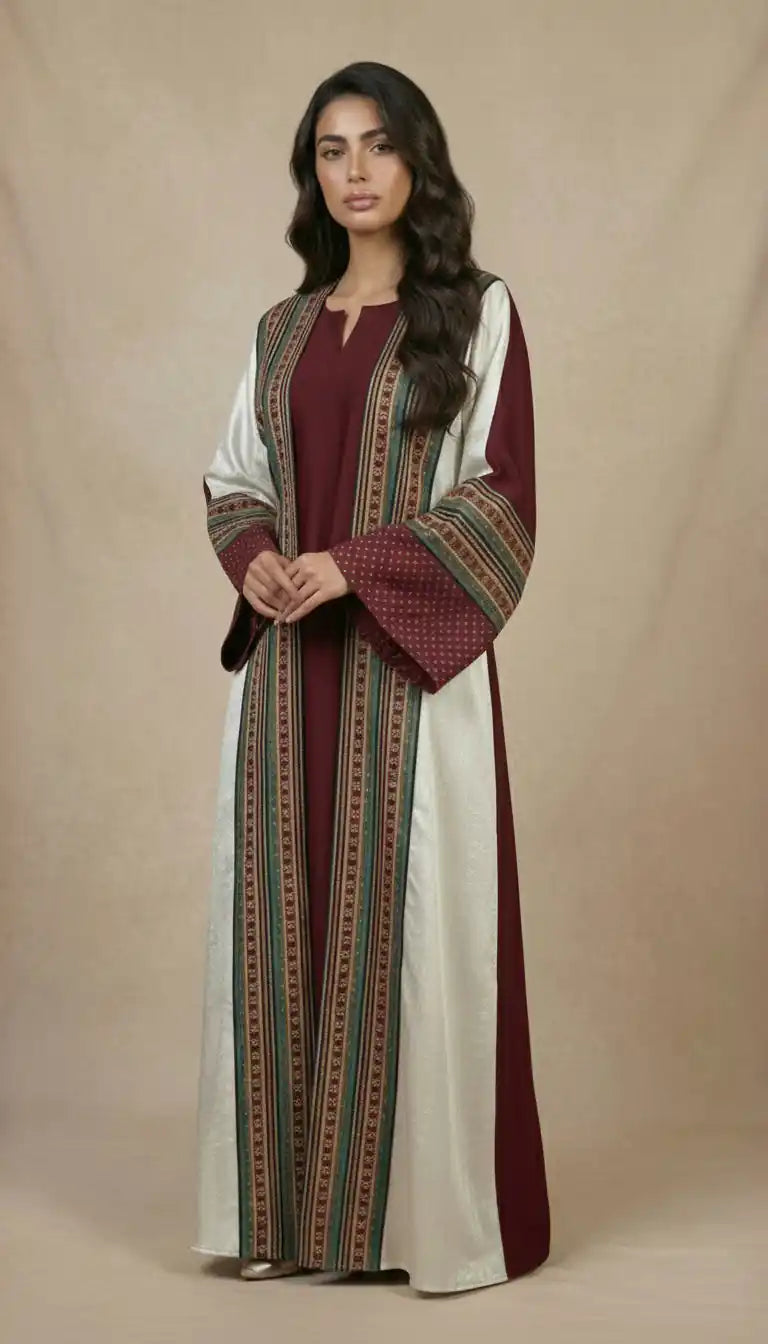 Two-Piece Abaya Set - patterned silk-cotton front, crepe silk back, matching belt