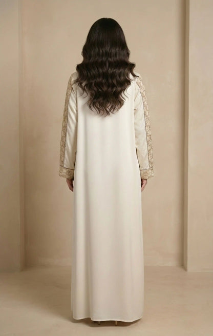 Off-white two-piece kaftan abaya with zari-embroidered silk front panel and cotton back, silk-linen structured drape.