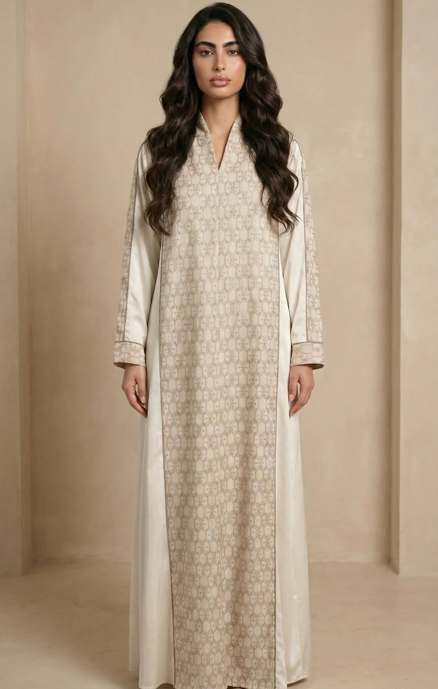 Off-white two-piece kaftan abaya with embroidered silk front panel and cotton back, silk-linen structured drape