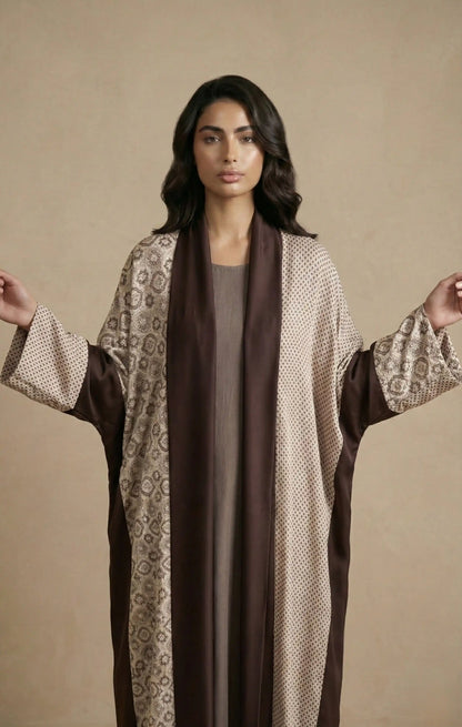Sama abaya in cotton and crepe silk, earthy tones – Raw Mestika Jeddah