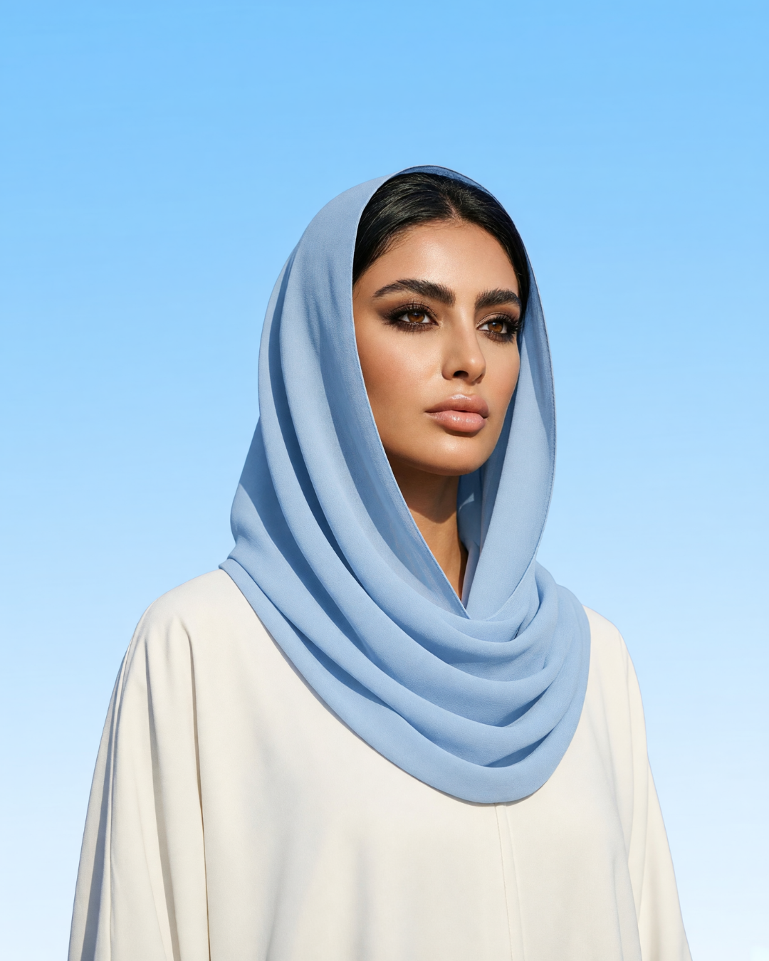 A woman wearing a light blue draped hijab and a cream-colored abaya against a clear blue sky background.