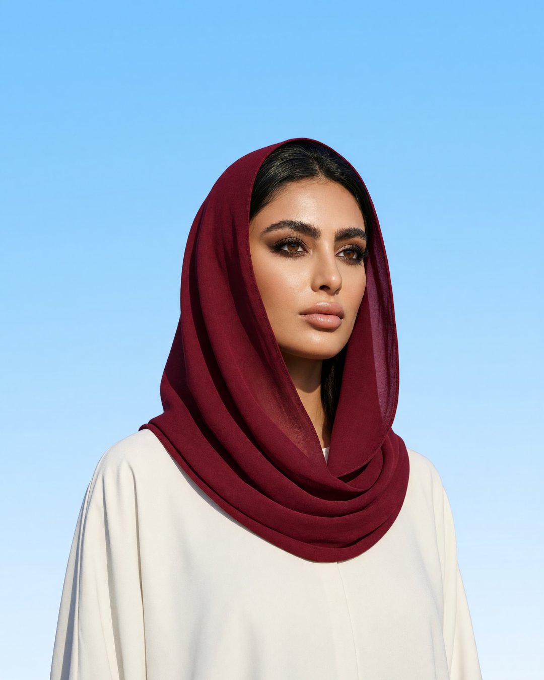 A woman wearing a draped burgundy hijab and a cream-colored top, set against a solid light blue background.