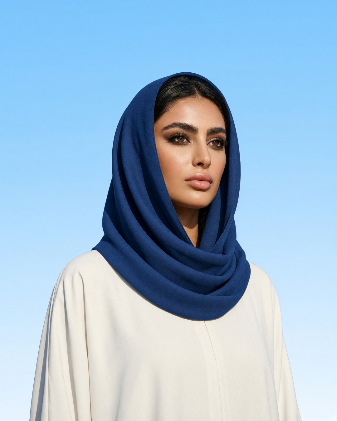 A woman wearing a dark blue hijab and a cream-colored abaya, set against a clear blue sky background.