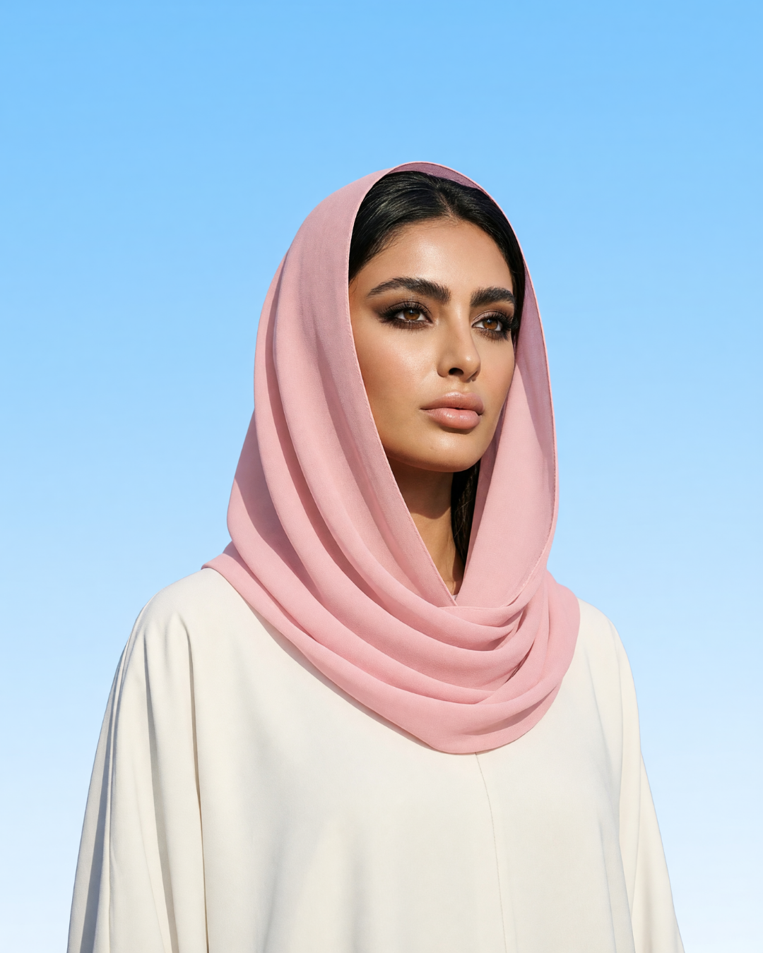 A woman wearing a soft light pink draped hijab and a cream-colored abaya, set against a clear blue sky background.