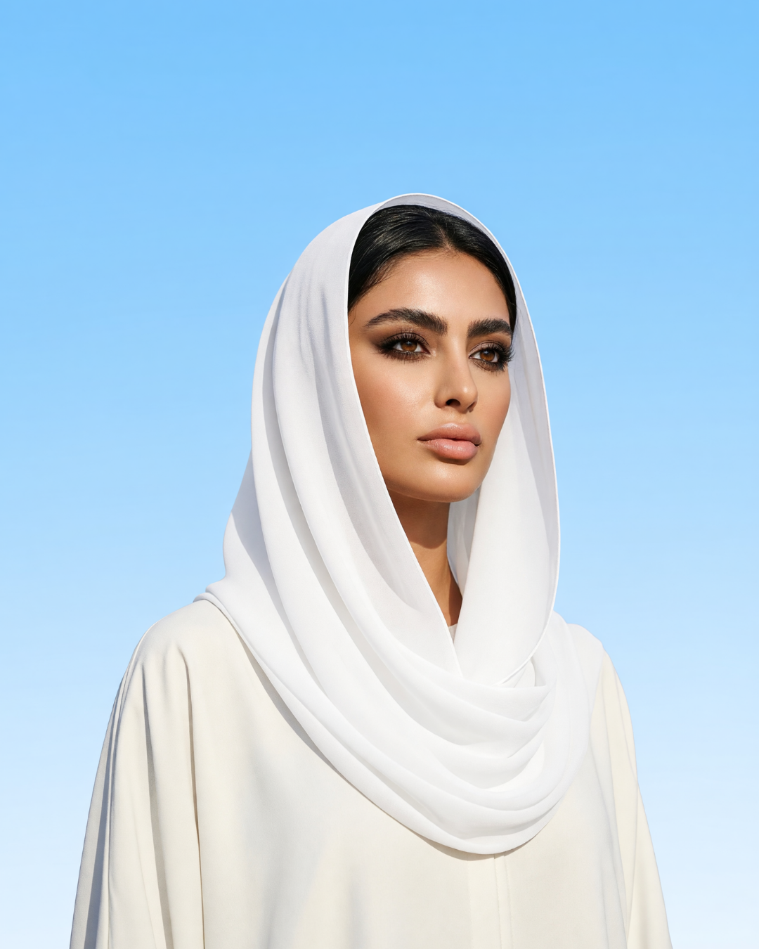 A woman wearing a flowing white hijab and matching white garment, photographed against a clear light blue sky background.