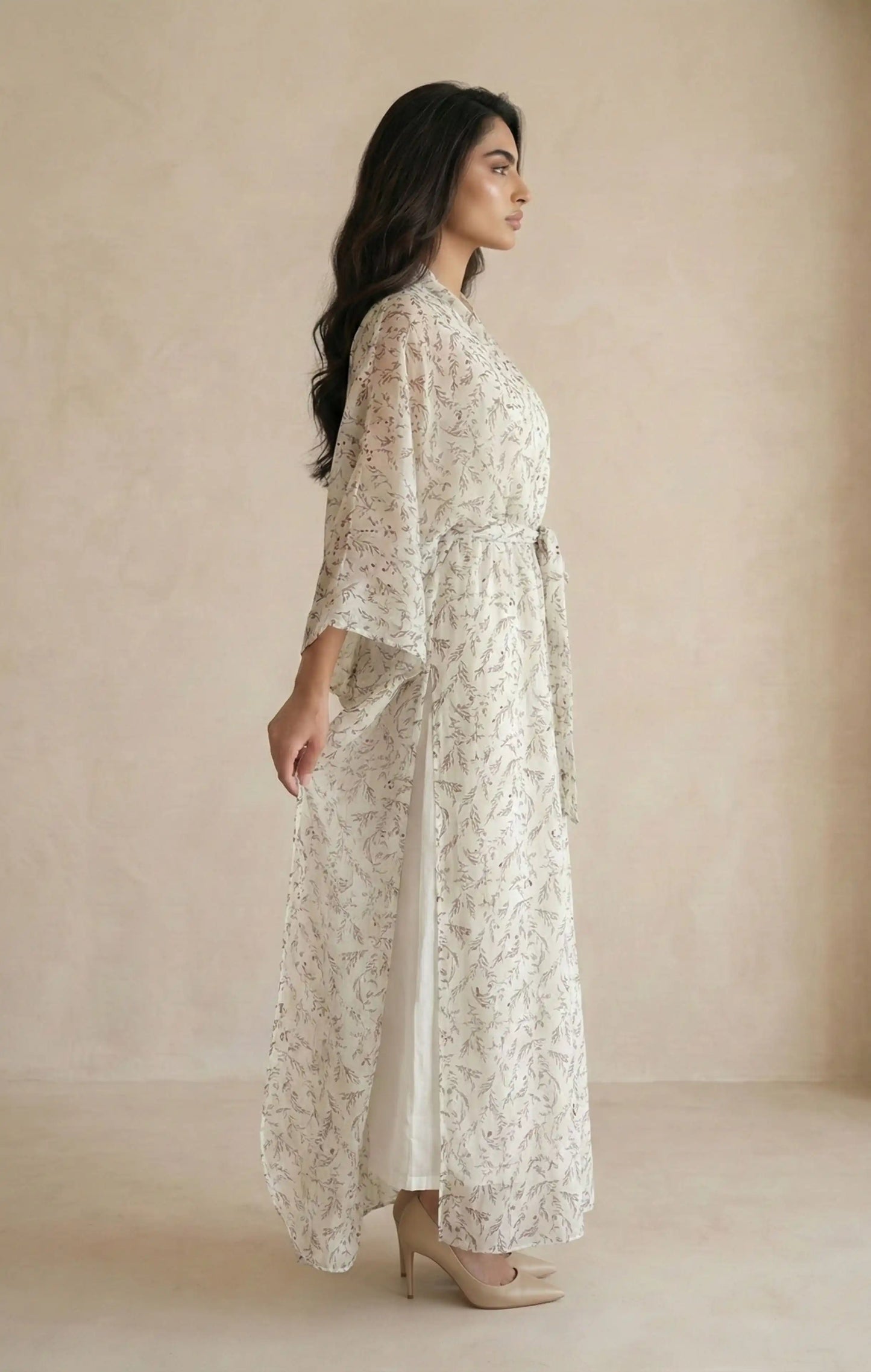Printed modest abaya set with sheer chiffon outer layer and cotton linen inner dress