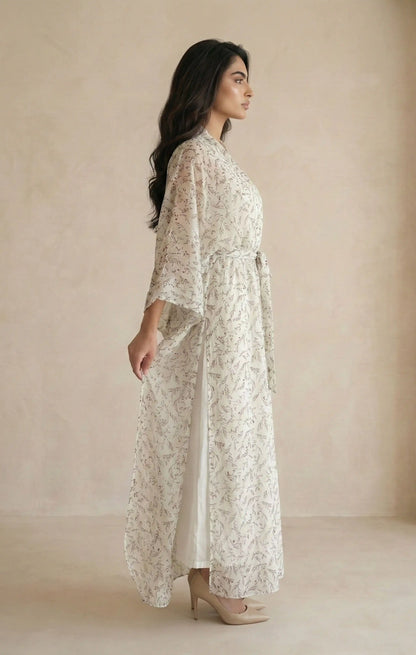 Printed modest abaya set with sheer chiffon outer layer and cotton linen inner dress