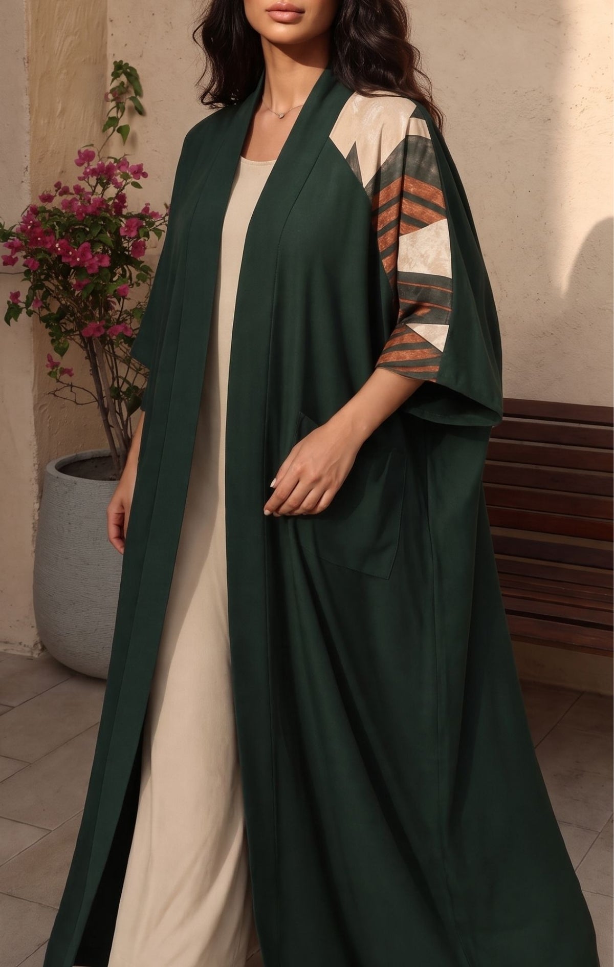 A woman wearing a long dark green open-front kaftan or abaya dress over a cream dress, with patterned three-quarter sleeves, standing in an outdoor patio setting.
